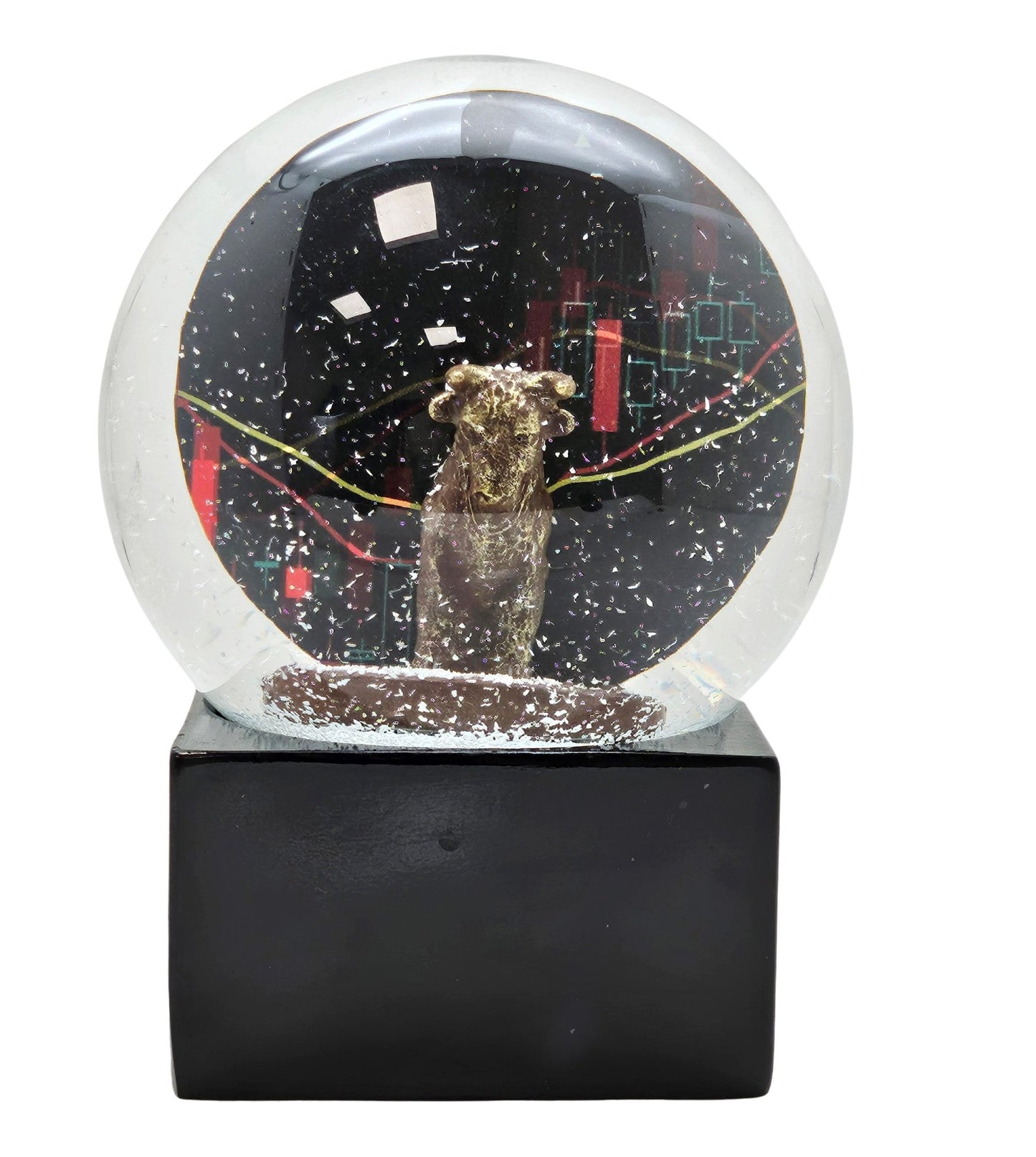 Moderne Designer Schneekugel Börse Bulle & Bär auf Sockel eck 100 mm Durchmesser - Schneekugelhaus