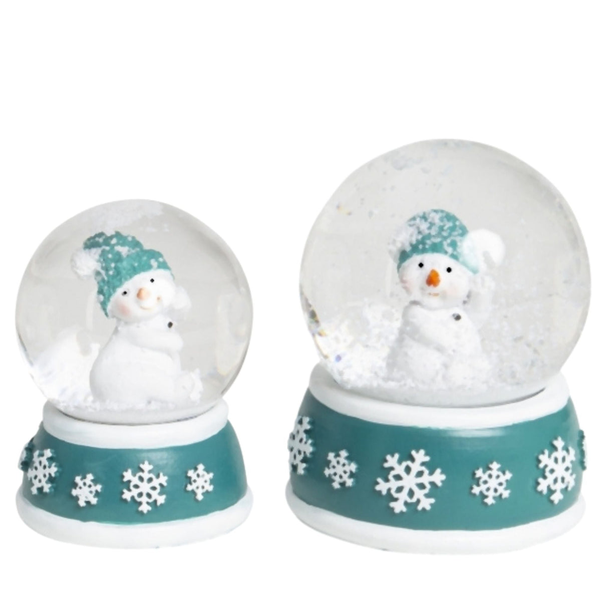 2 Schneekugeln Schneemann auf Sockel türkis weiß - 45mm - > 65mm für Wichtelzauber Vergrößerungszauber - Schneekugelhaus