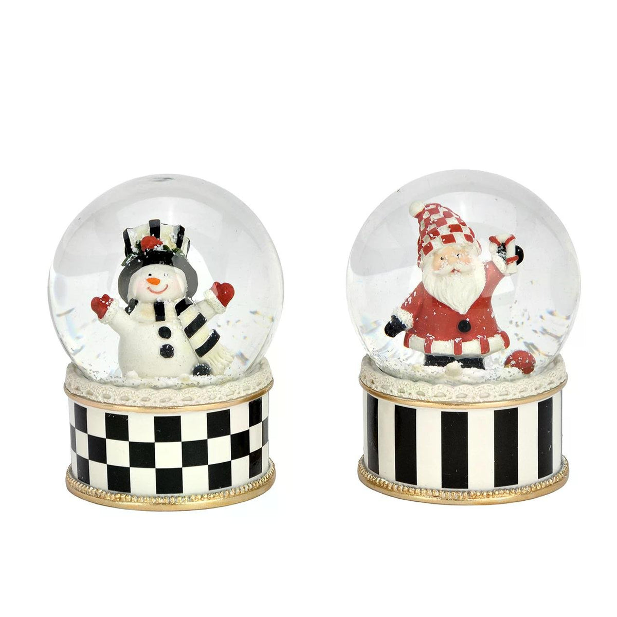 2 stylische Schneekugeln Schneemann Weihnachtsmann im Streifen-Look 65mm Durchmesser - Schneekugelhaus