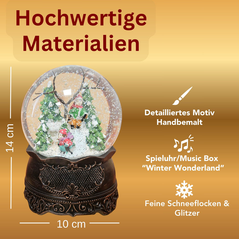 Nostalgische Schneekugel Familienspaziergang auf Ornamentsockel kupfer antik 100 mm Durchmesser mit Spieluhr