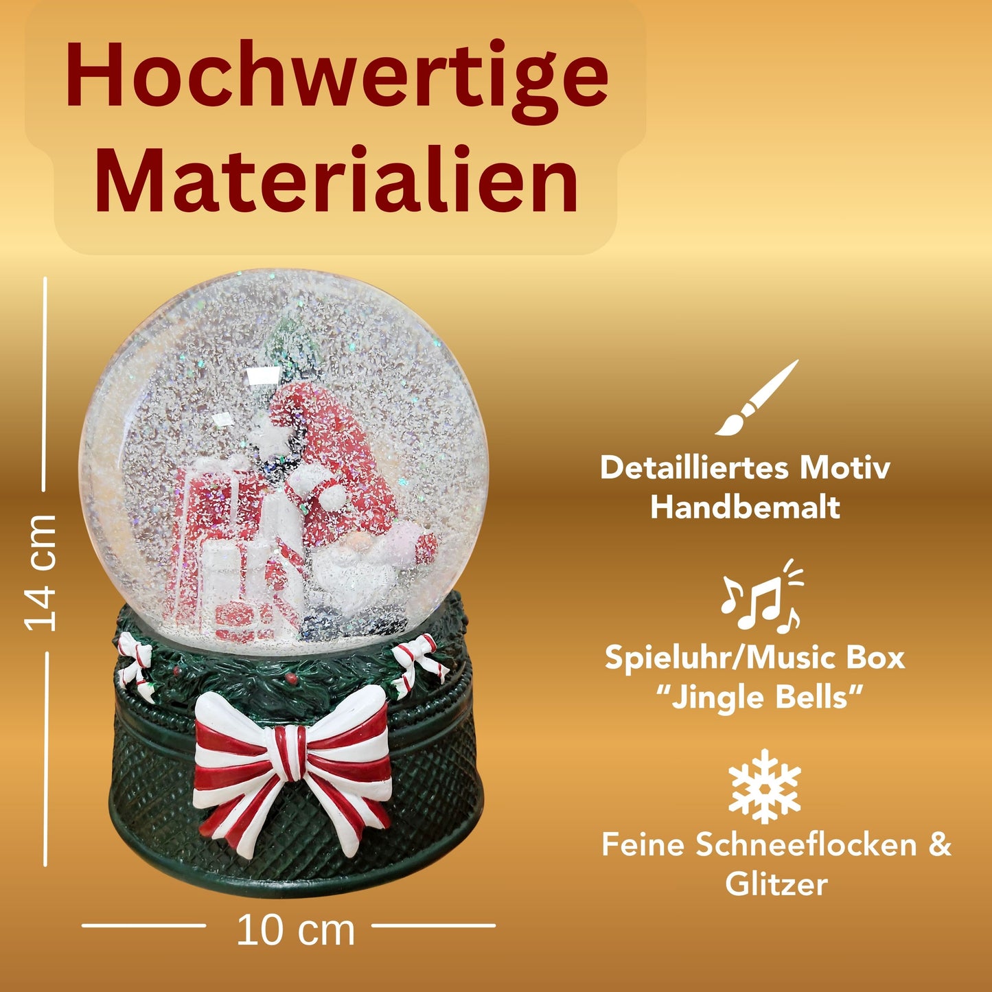 Nostalgische Schneekugel Wichtel rot auf Weihnachtsdekor grün 100 mm Durchmesser mit Spieluhr