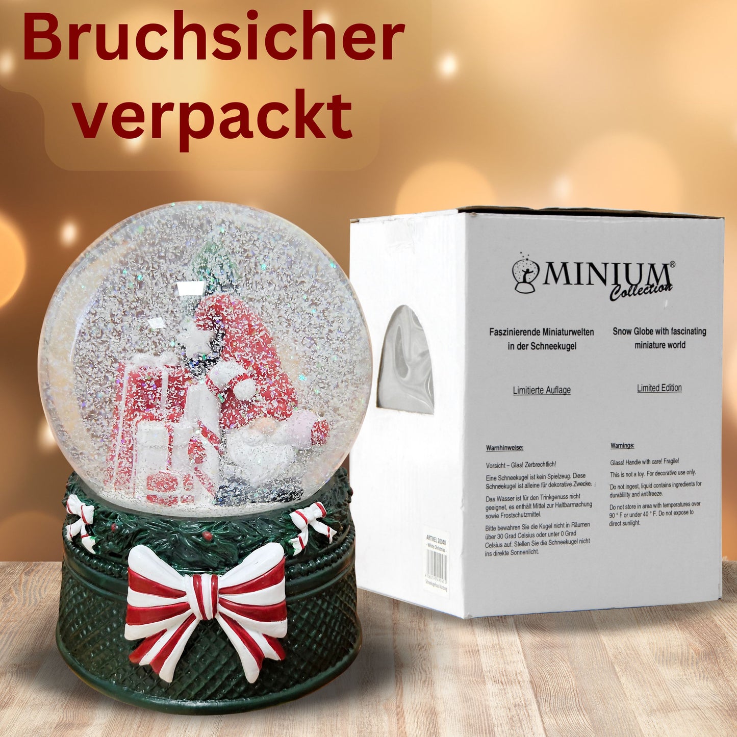 Nostalgische Schneekugel Wichtel rot auf Weihnachtsdekor grün 100 mm Durchmesser mit Spieluhr