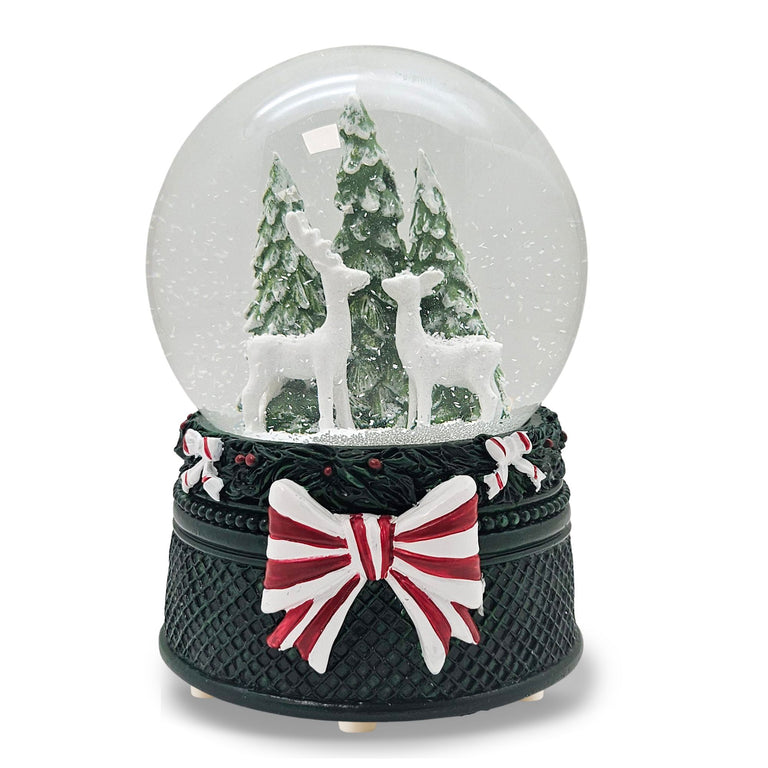 Nostalgische Schneekugel 2 Rehe Weihnachtsdekor grün 100 mm Durchmesser mit Spieluhr