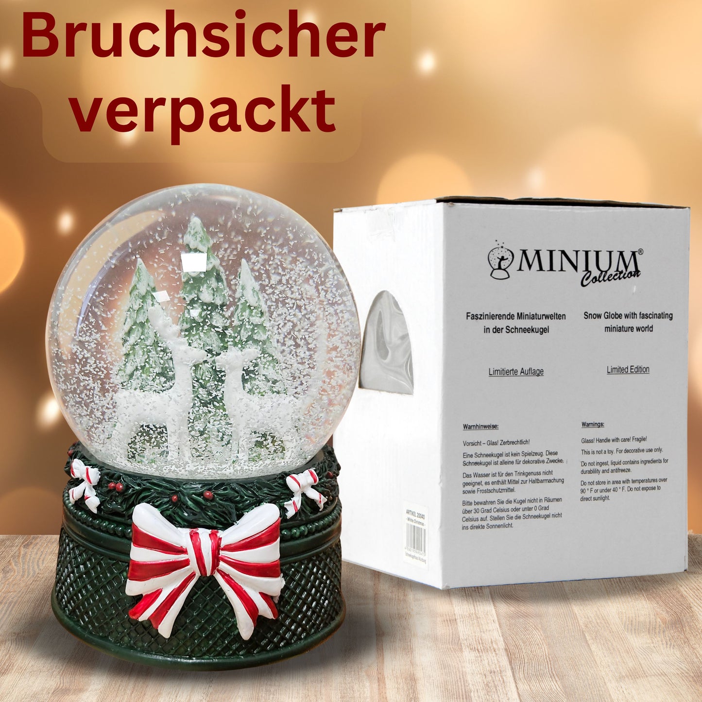 Nostalgische Schneekugel 2 Rehe Weihnachtsdekor grün 100 mm Durchmesser mit Spieluhr