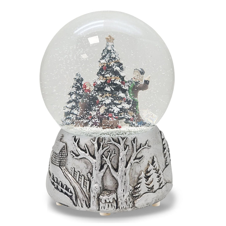 Nostalgische Schneekugel Christbaum schmücken auf Silber Landschaft 100 mm Durchmesser mit Spieluhr