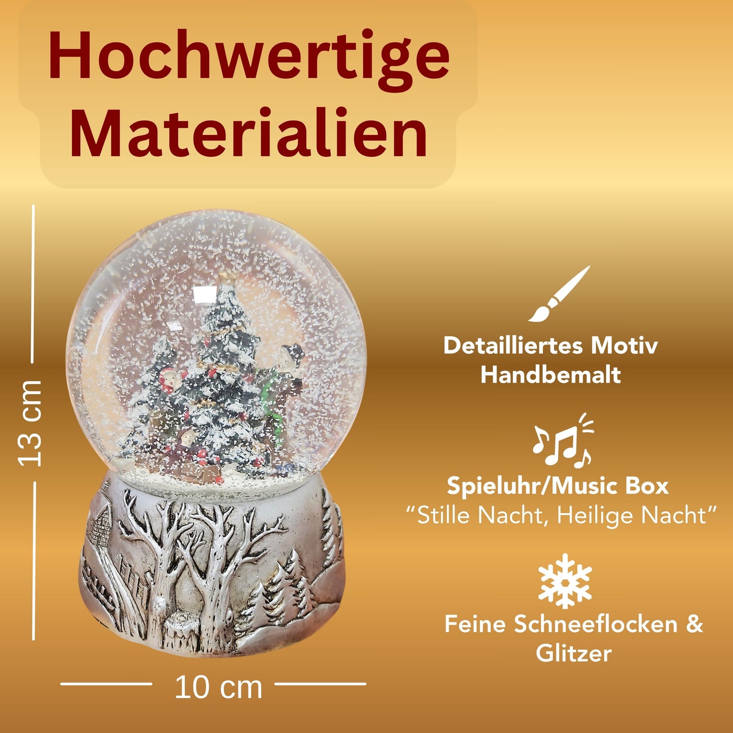 Nostalgische Schneekugel Christbaum schmücken auf Silber Landschaft 100 mm Durchmesser mit Spieluhr