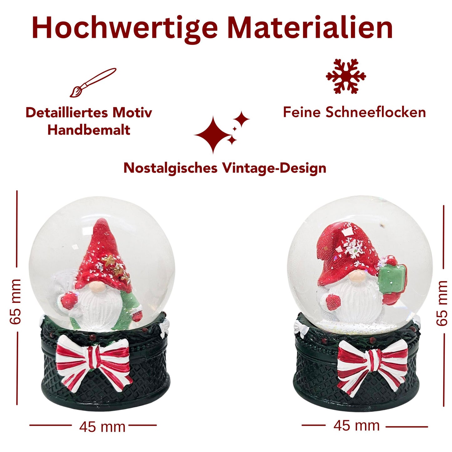2 süße Mini-Schneekugeln Weihnachtswichtel auf grün B: 45mm