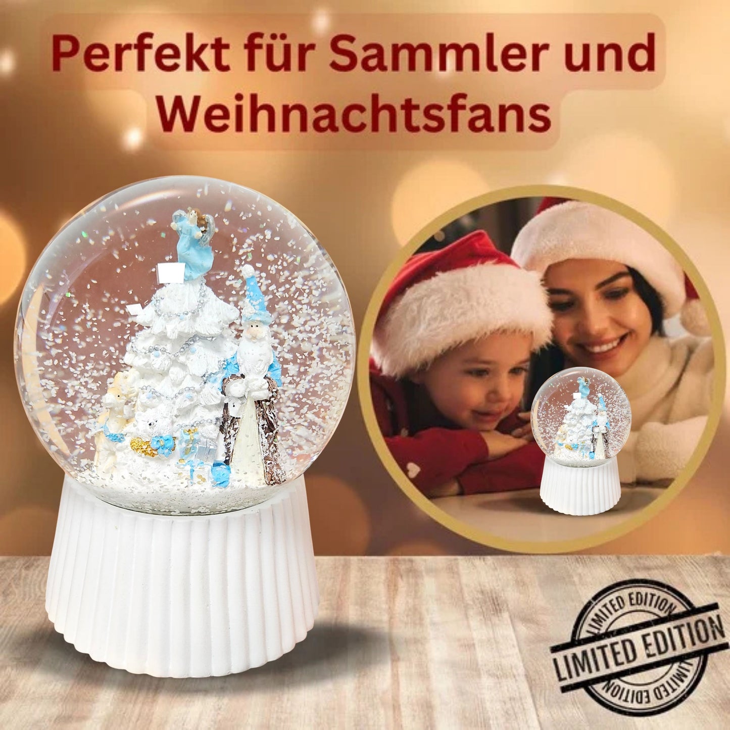 Schneekugel Weihnachtsmann mit Spieluhr, blau silber  auf weiß geriffelt - 120 mm Durchmesser
