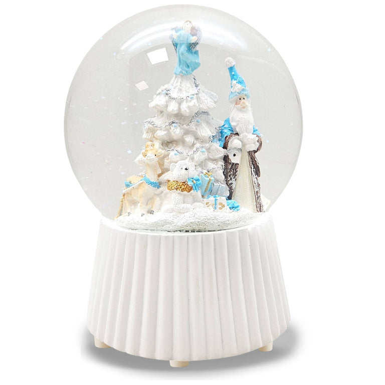 Schneekugel Weihnachtsmann mit Spieluhr, blau silber  auf weiß geriffelt - 120 mm Durchmesser