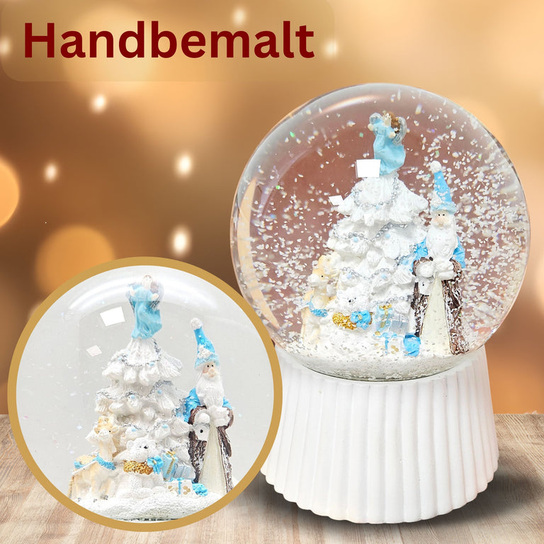Schneekugel Weihnachtsmann mit Spieluhr, blau silber  auf weiß geriffelt - 120 mm Durchmesser