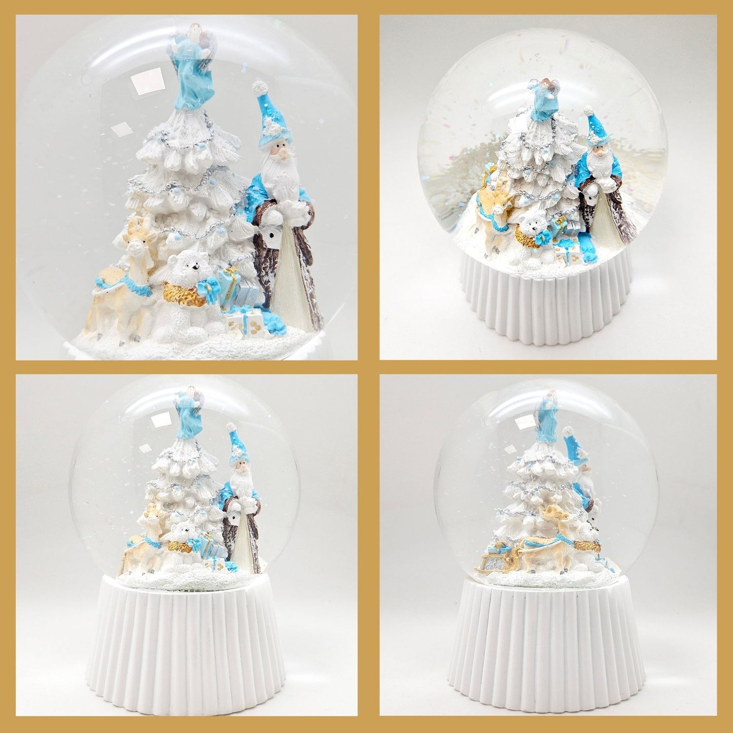 Schneekugel Weihnachtsmann mit Spieluhr, blau silber  auf weiß geriffelt - 120 mm Durchmesser