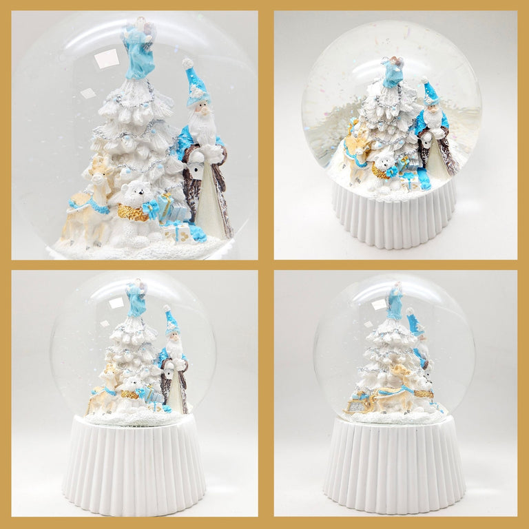 Schneekugel Weihnachtsmann mit Spieluhr, blau silber  auf weiß geriffelt - 120 mm Durchmesser