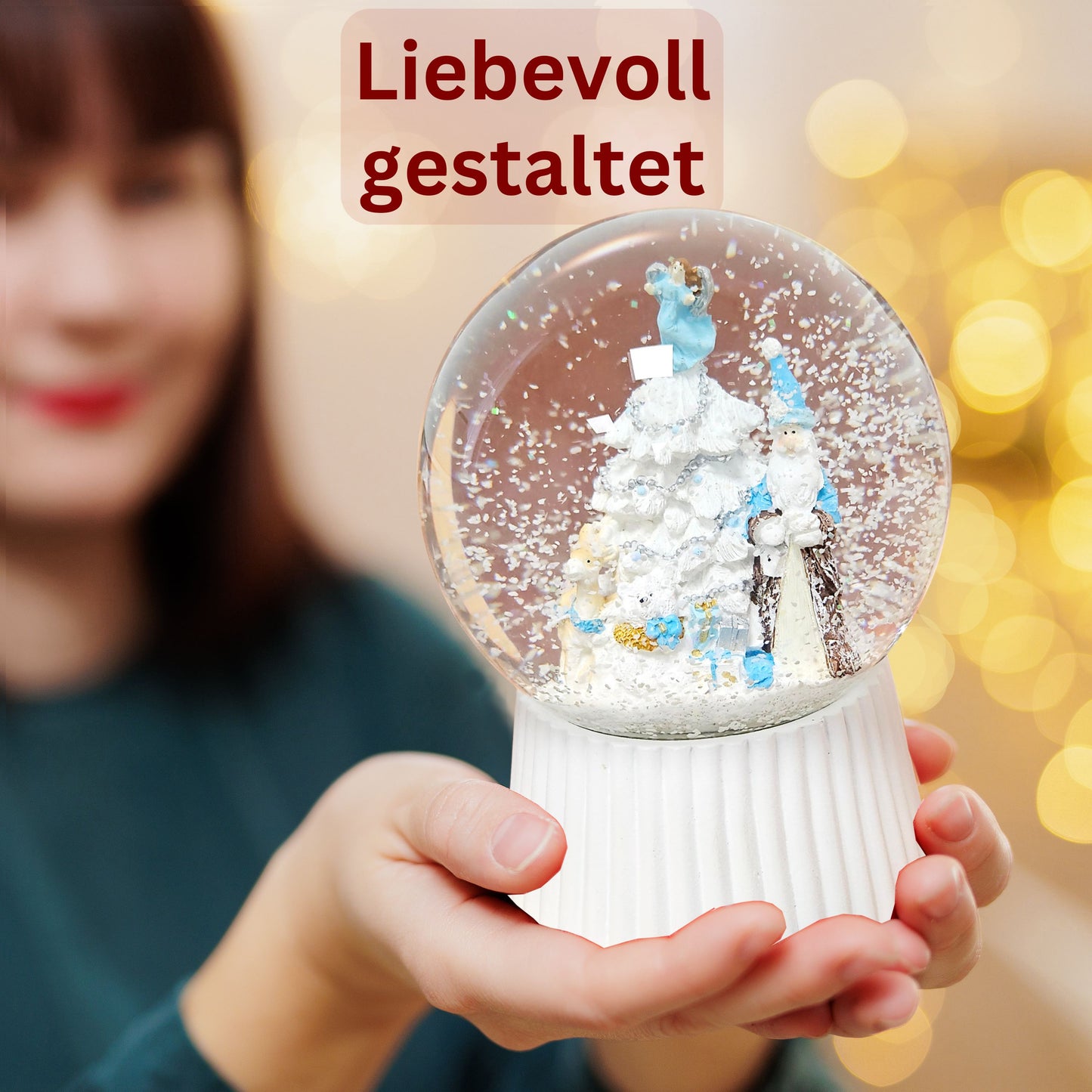 Schneekugel Weihnachtsmann mit Spieluhr, blau silber  auf weiß geriffelt - 120 mm Durchmesser
