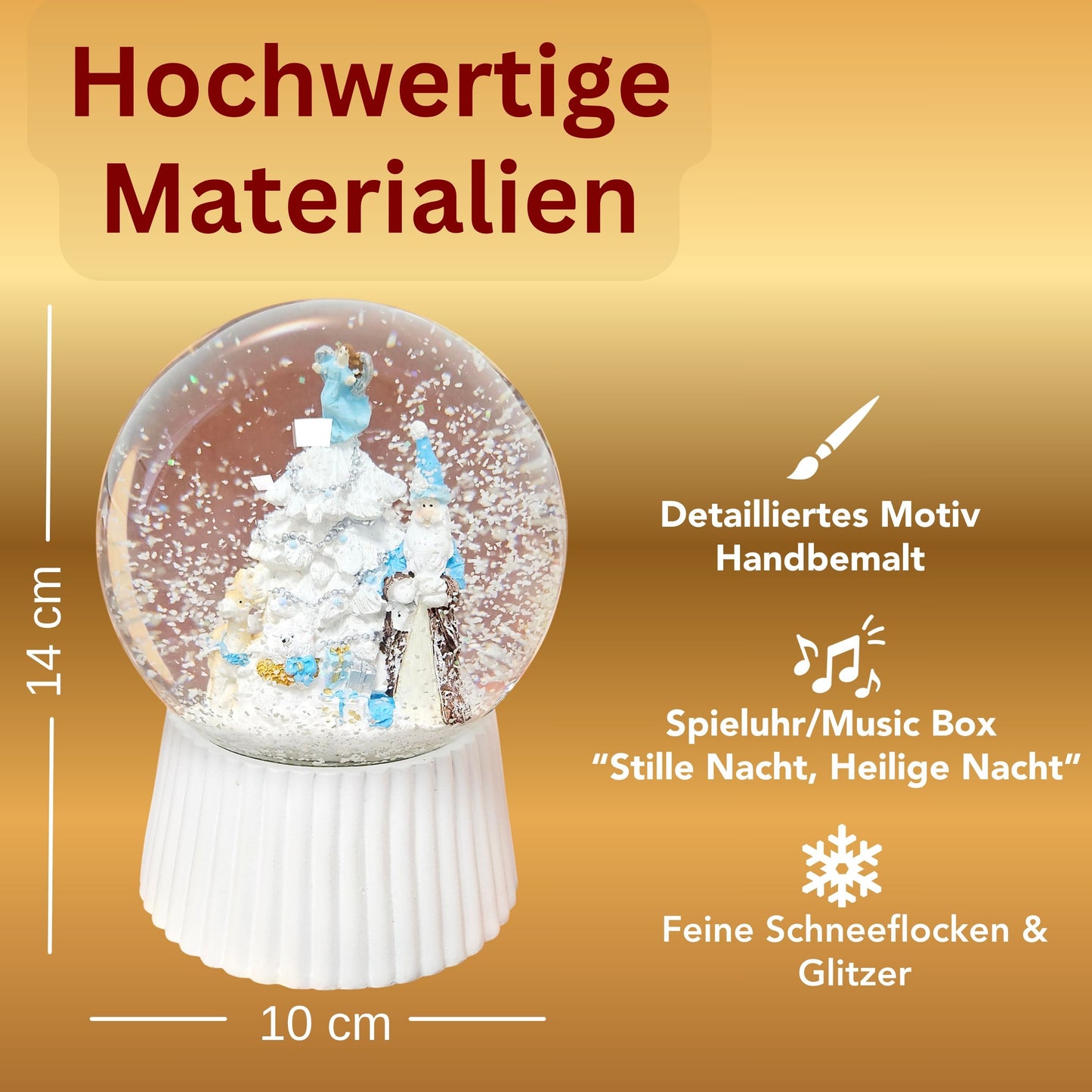 Schneekugel Weihnachtsmann mit Spieluhr, blau silber  auf weiß geriffelt - 120 mm Durchmesser