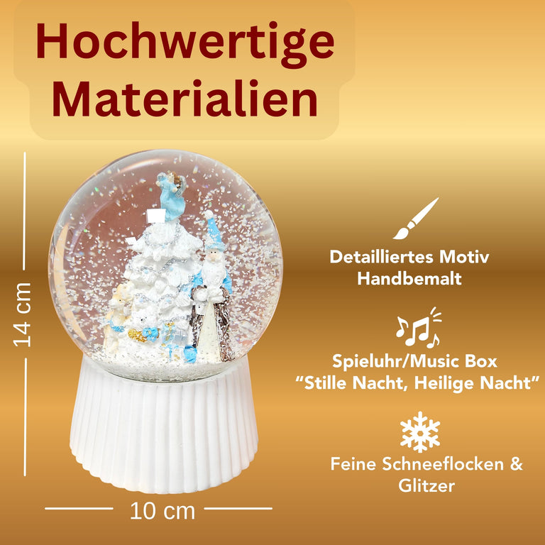 Schneekugel Weihnachtsmann mit Spieluhr, blau silber  auf weiß geriffelt - 120 mm Durchmesser