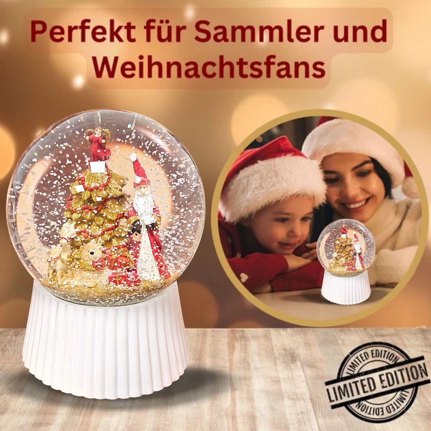 Schneekugel Weihnachtsmann mit Spieluhr, rot, gold weiß auf weiß geriffelt - 120 mm Durchmesser