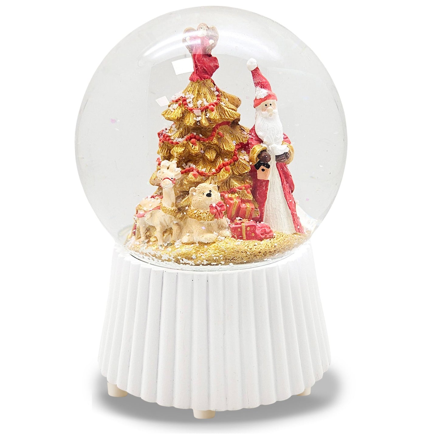 Schneekugel Weihnachtsmann mit Spieluhr, rot, gold weiß auf weiß geriffelt - 120 mm Durchmesser
