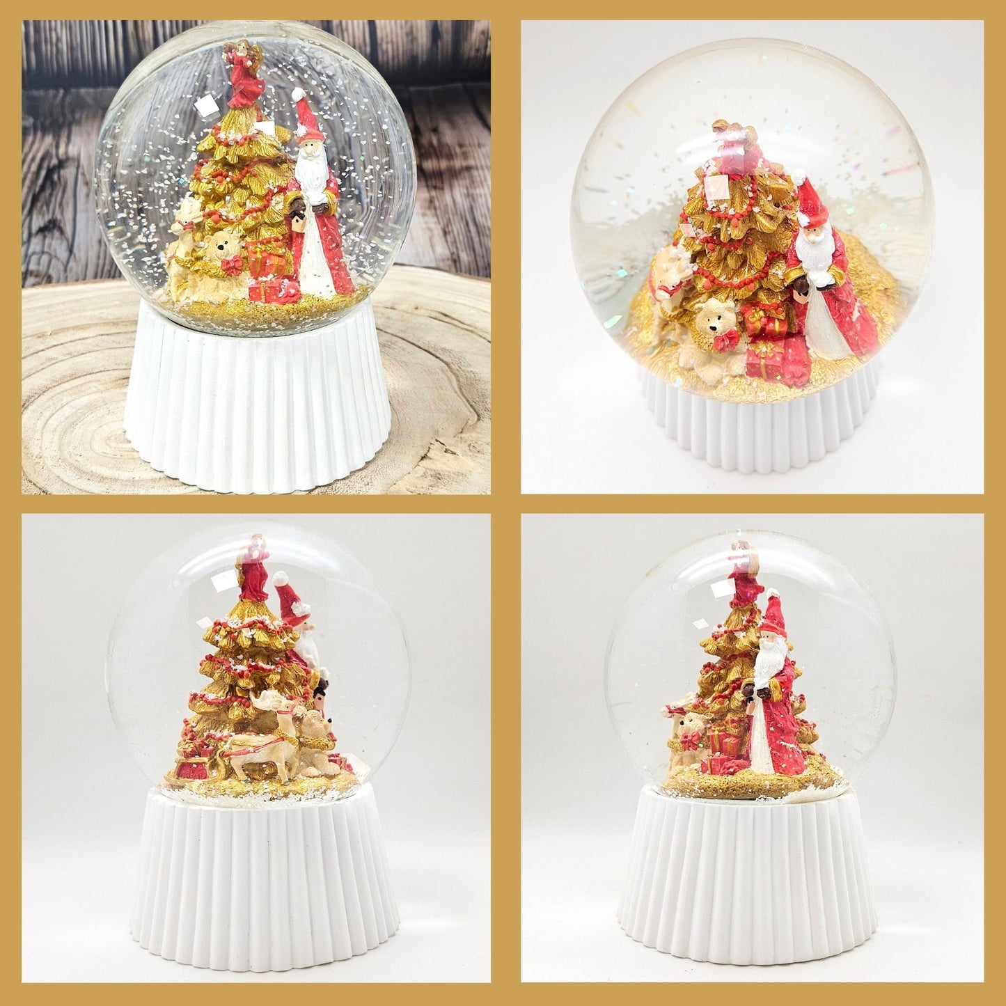 Schneekugel Weihnachtsmann mit Spieluhr, rot, gold weiß auf weiß geriffelt - 120 mm Durchmesser