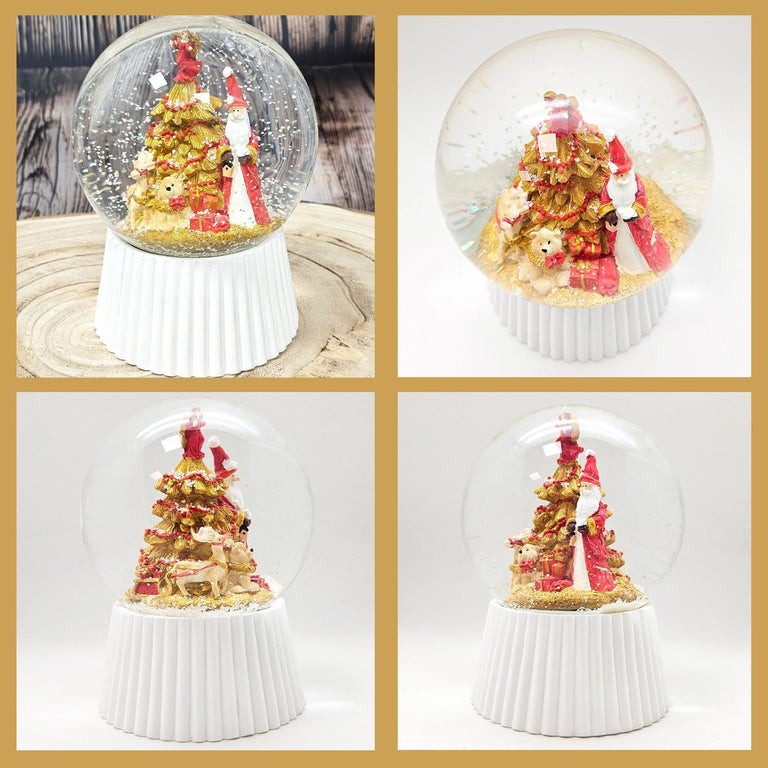 Schneekugel Weihnachtsmann mit Spieluhr, rot, gold weiß auf weiß geriffelt - 120 mm Durchmesser