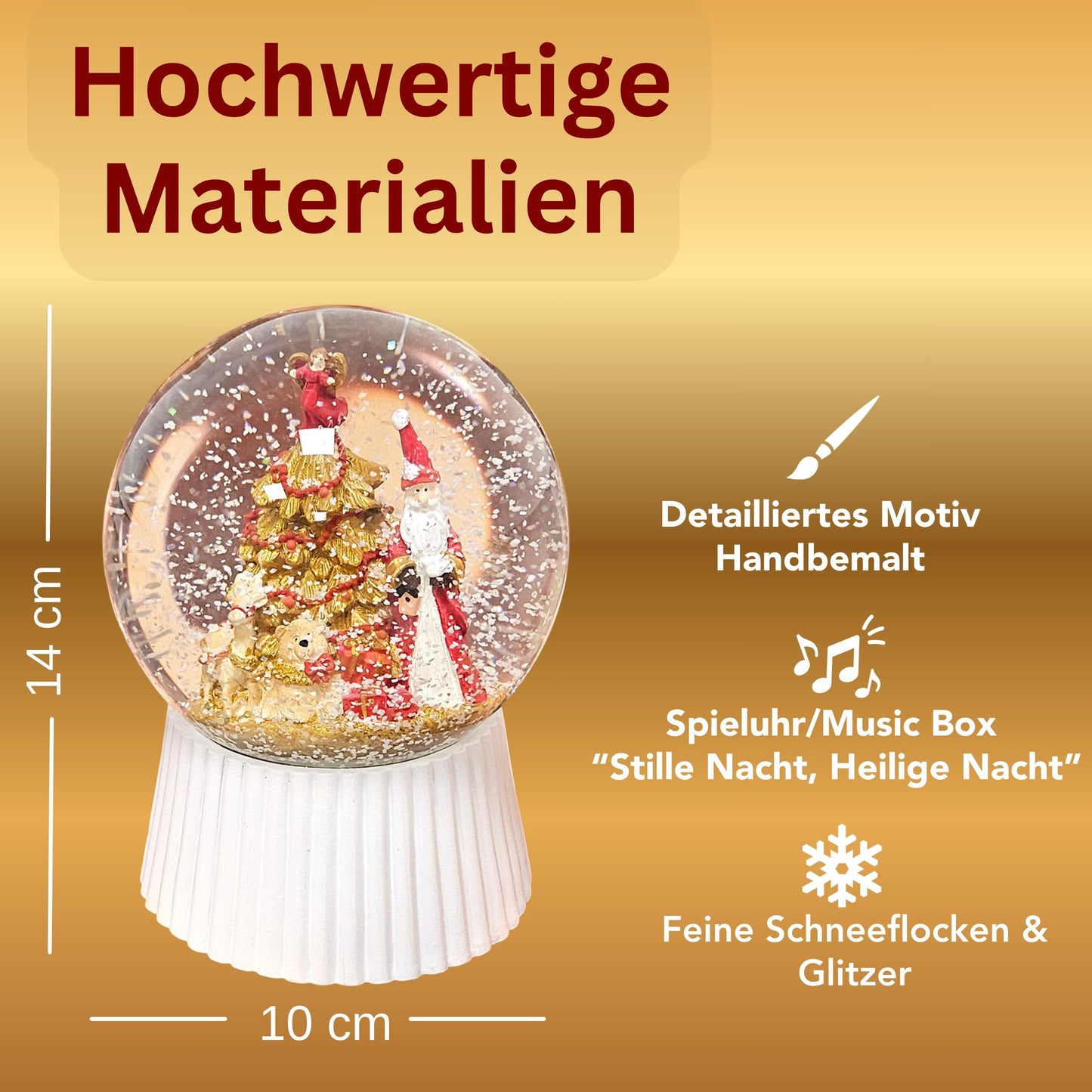 Schneekugel Weihnachtsmann mit Spieluhr, rot, gold weiß auf weiß geriffelt - 120 mm Durchmesser