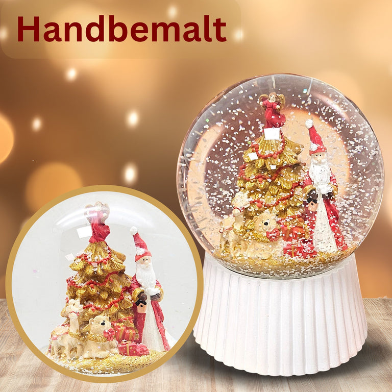 Schneekugel Weihnachtsmann mit Spieluhr, rot, gold weiß auf weiß geriffelt - 120 mm Durchmesser