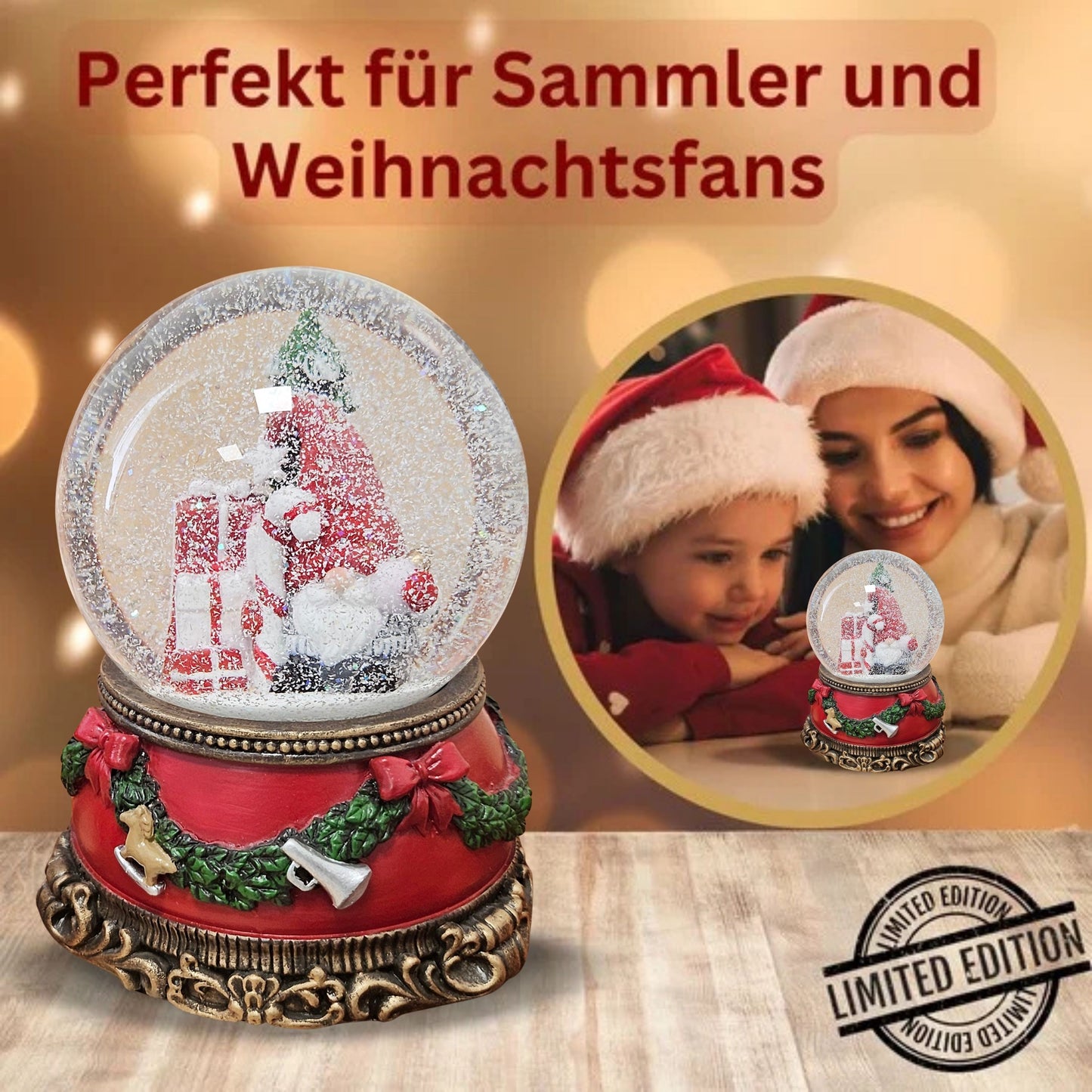 Schöne Schneekugel Wichtel Christbaum  auf Sockel Weihnachtsdekor rot mm Durchmesser mit Spieluhr