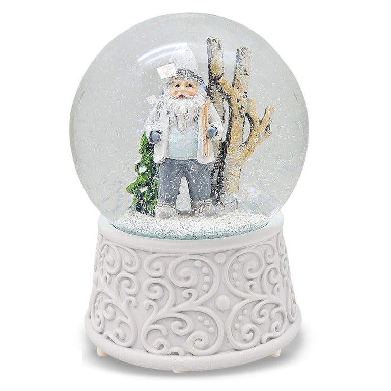 Nostalgische Schneekugel Wichtel weiß grau auf  Ornamente 100 mm Durchmesser mit Spieluhr