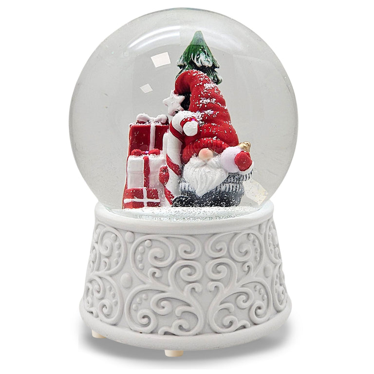 Nostalgische Schneekugel Wichtel rot auf  Ornamente 100 mm Durchmesser mit Spieluhr