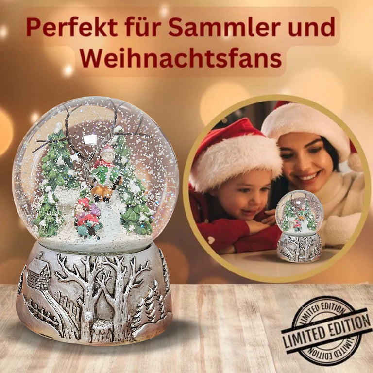Nostalgische Schneekugel Skifahrer auf Silber Landschaft 100 mm Durchmesser mit Spieluhr