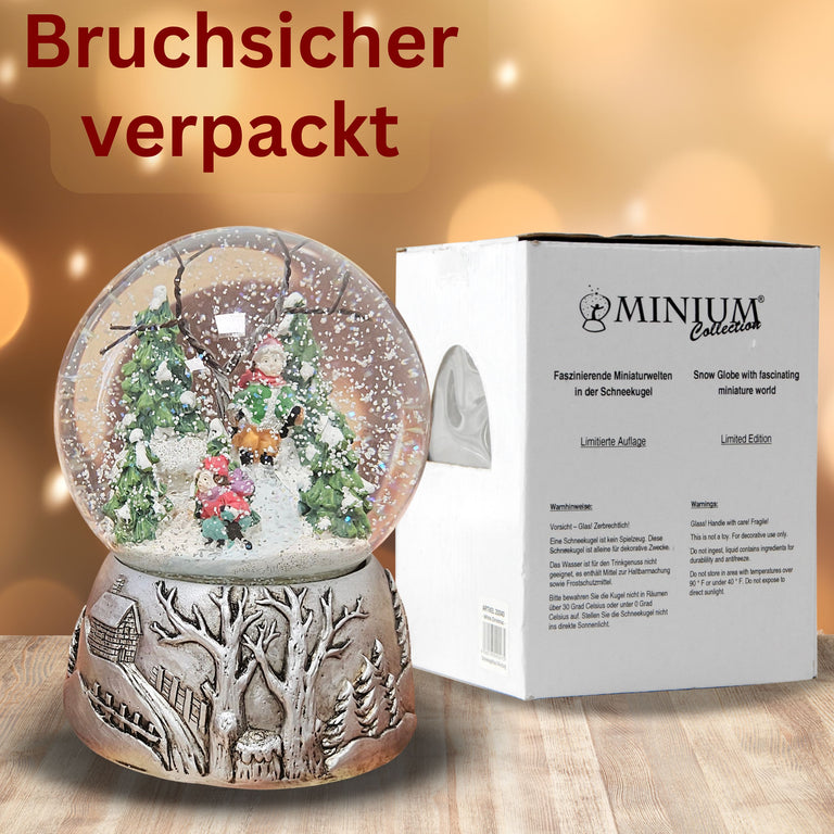 Nostalgische Schneekugel Skifahrer auf Silber Landschaft 100 mm Durchmesser mit Spieluhr