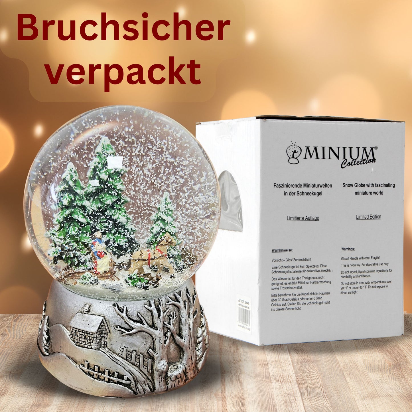 Nostalgische Schneekugel Schlittenfahrt auf Silber Landschaft 100 mm Durchmesser mit Spieluhr