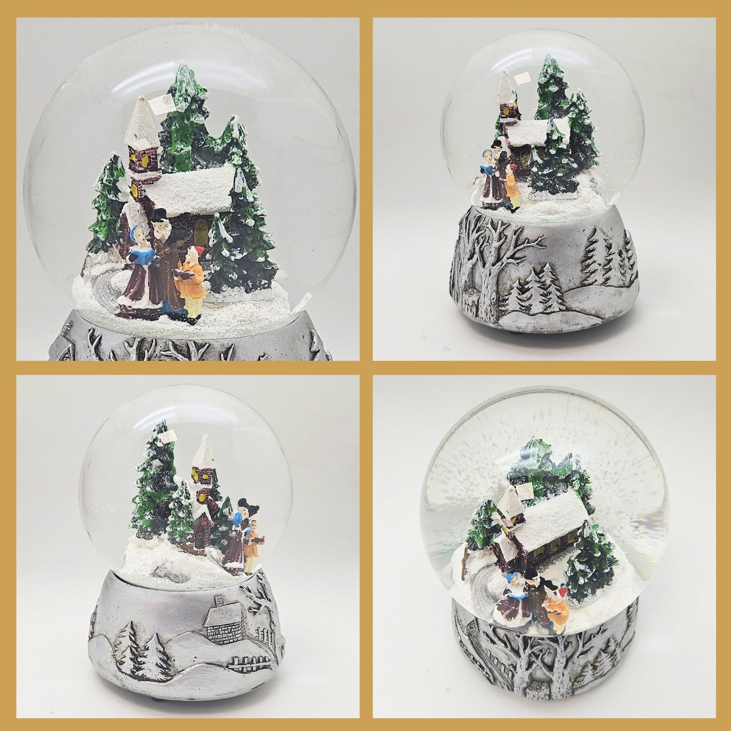 Nostalgische Schneekugel Weihnachtsspaziergang auf Silber Landschaft 100 mm Durchmesser mit Spieluhr