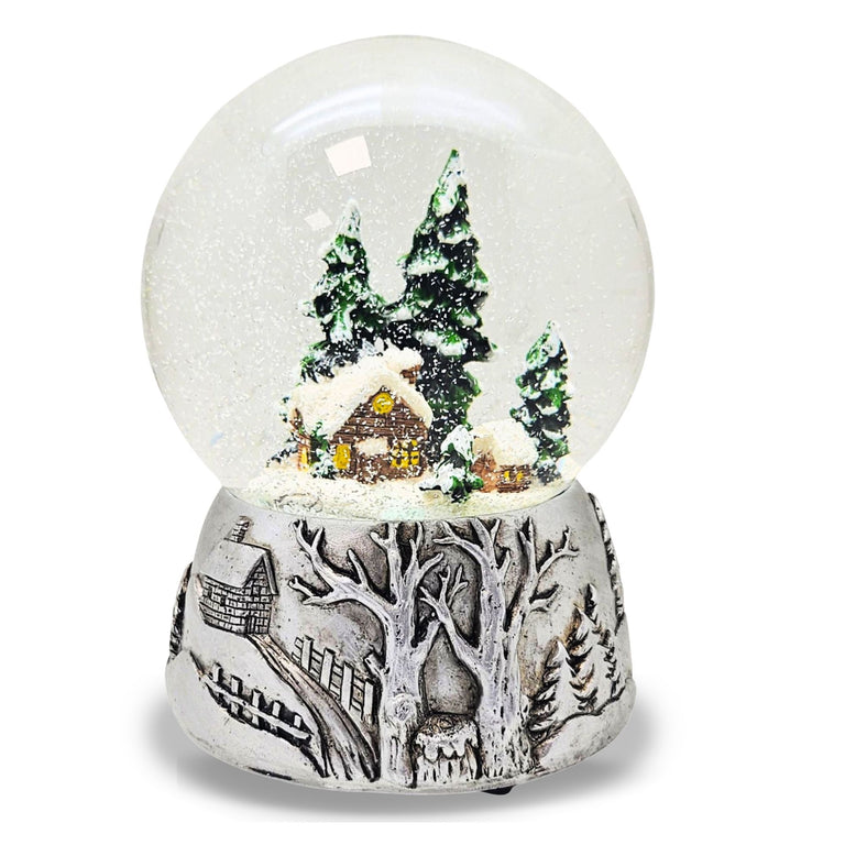 Nostalgische Schneekugel Winterhütte auf Silber Landschaft 100 mm Durchmesser mit Spieluhr