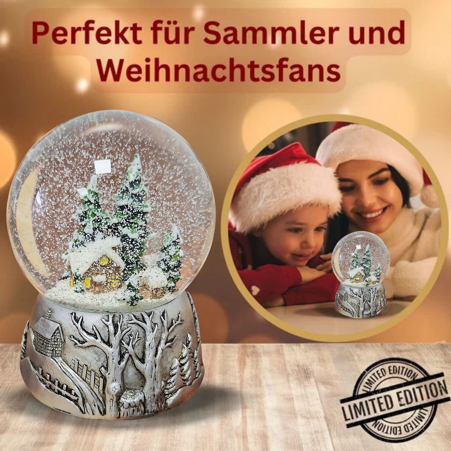 Nostalgische Schneekugel Winterhütte auf Silber Landschaft 100 mm Durchmesser mit Spieluhr