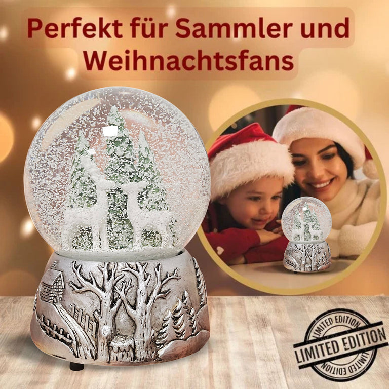 Nostalgische Schneekugel 2 Rehe auf Silber Landschaft 100 mm Durchmesser mit Spieluhr