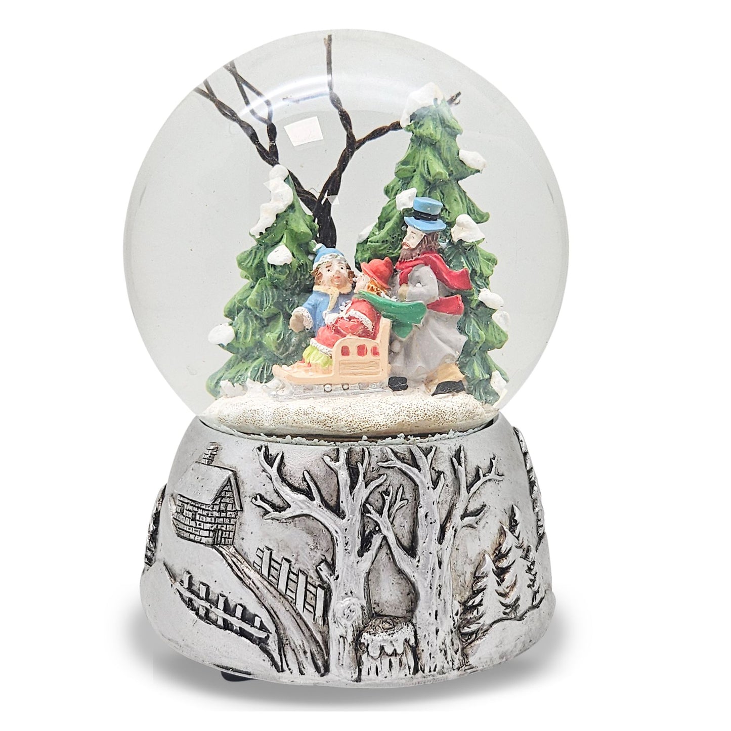 Nostalgische Schneekugel Familienspaziergang Silber Landschaft 100 mm Durchmesser mit Spieluhr