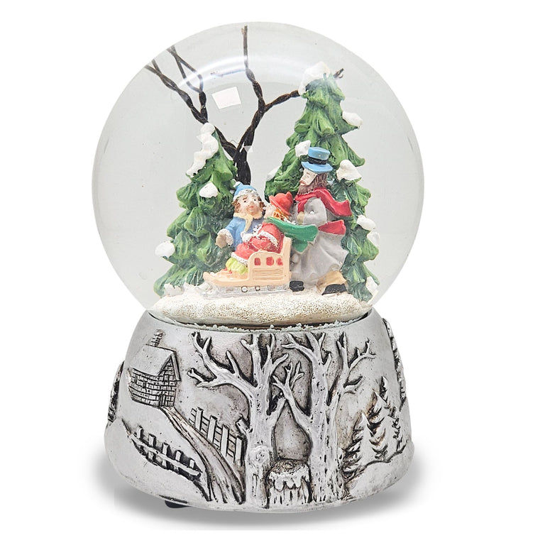 Nostalgische Schneekugel Familienspaziergang Silber Landschaft 100 mm Durchmesser mit Spieluhr