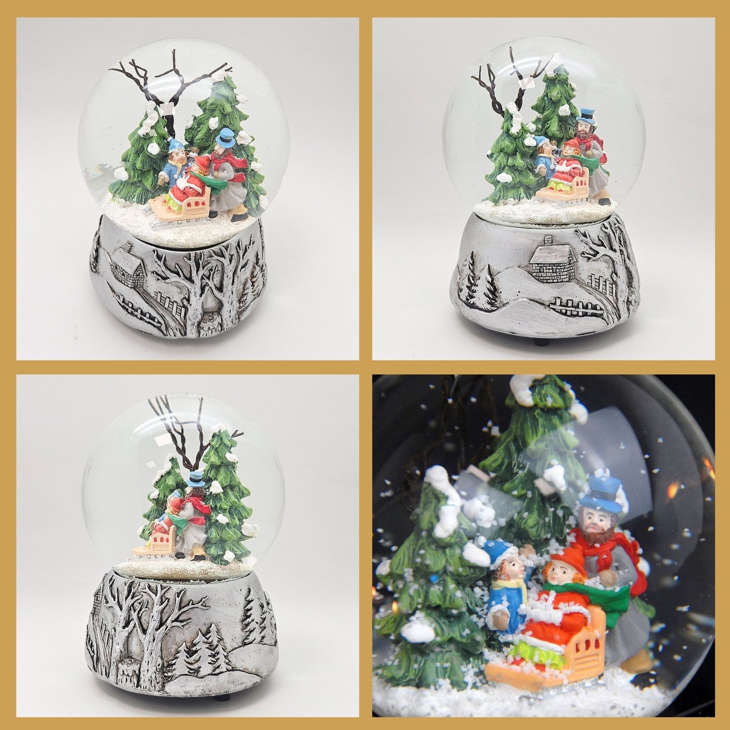 Nostalgische Schneekugel Familienspaziergang Silber Landschaft 100 mm Durchmesser mit Spieluhr