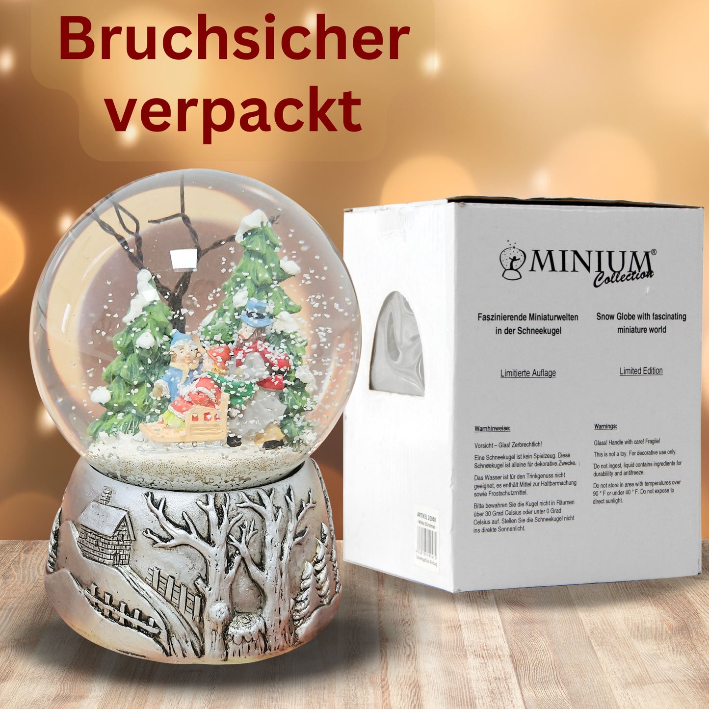 Nostalgische Schneekugel Familienspaziergang Silber Landschaft 100 mm Durchmesser mit Spieluhr