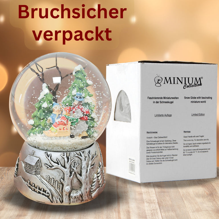 Nostalgische Schneekugel Familienspaziergang Silber Landschaft 100 mm Durchmesser mit Spieluhr
