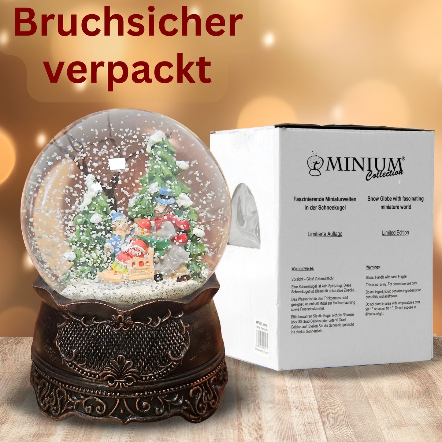 Nostalgische Schneekugel Familienspaziergang auf Ornamentsockel kupfer antik 100 mm Durchmesser mit Spieluhr