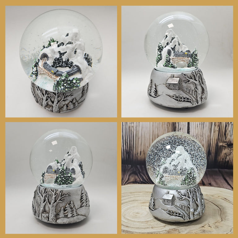 Nostalgische Schneekugel Berglandschaft Brücke Silber Landschaft 100 mm Durchmesser mit Spieluhr