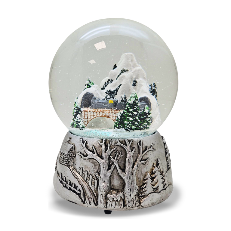 Nostalgische Schneekugel Berglandschaft Brücke Silber Landschaft 100 mm Durchmesser mit Spieluhr
