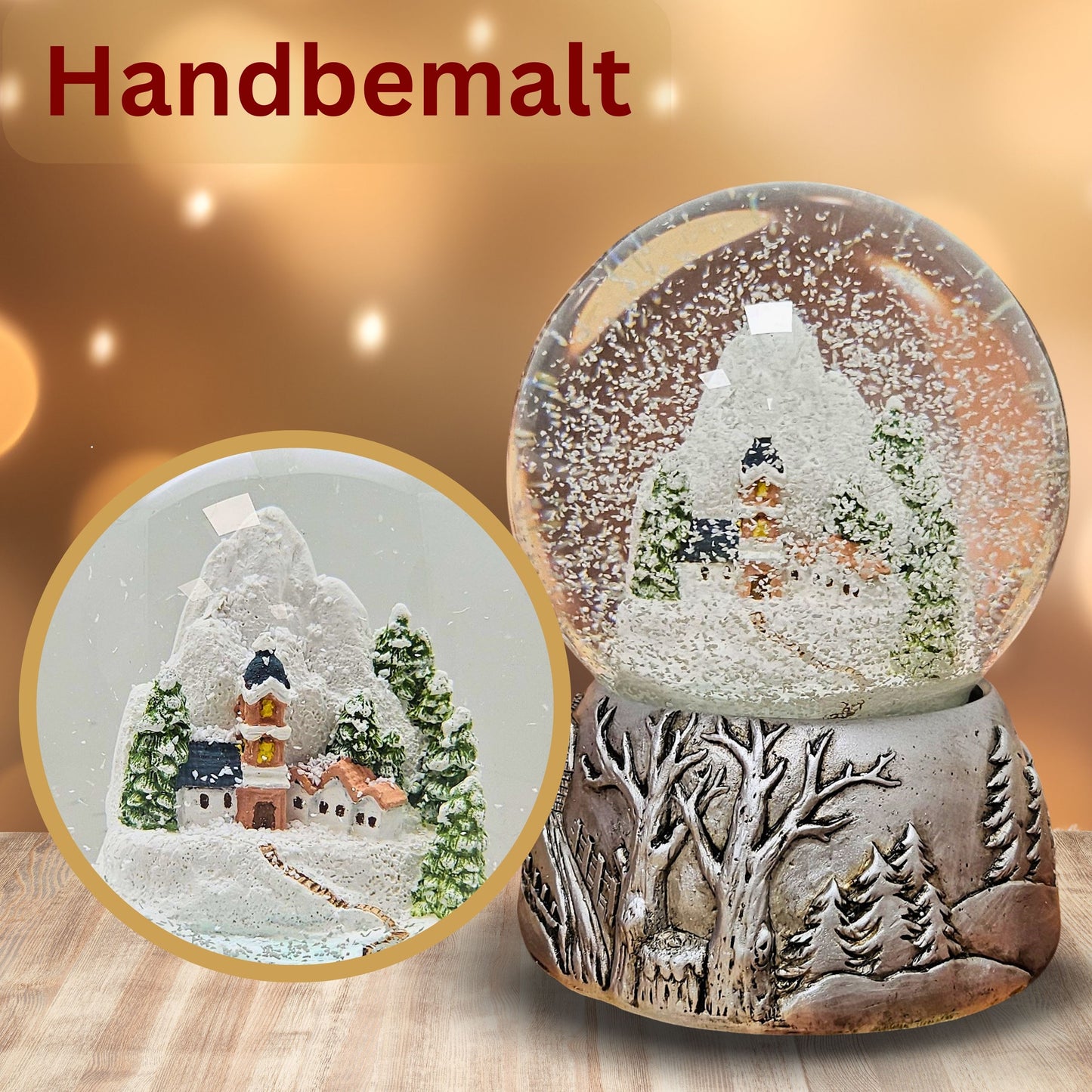 Nostalgische Schneekugel Bergdorf Silber Landschaft 100 mm Durchmesser mit Spieluhr