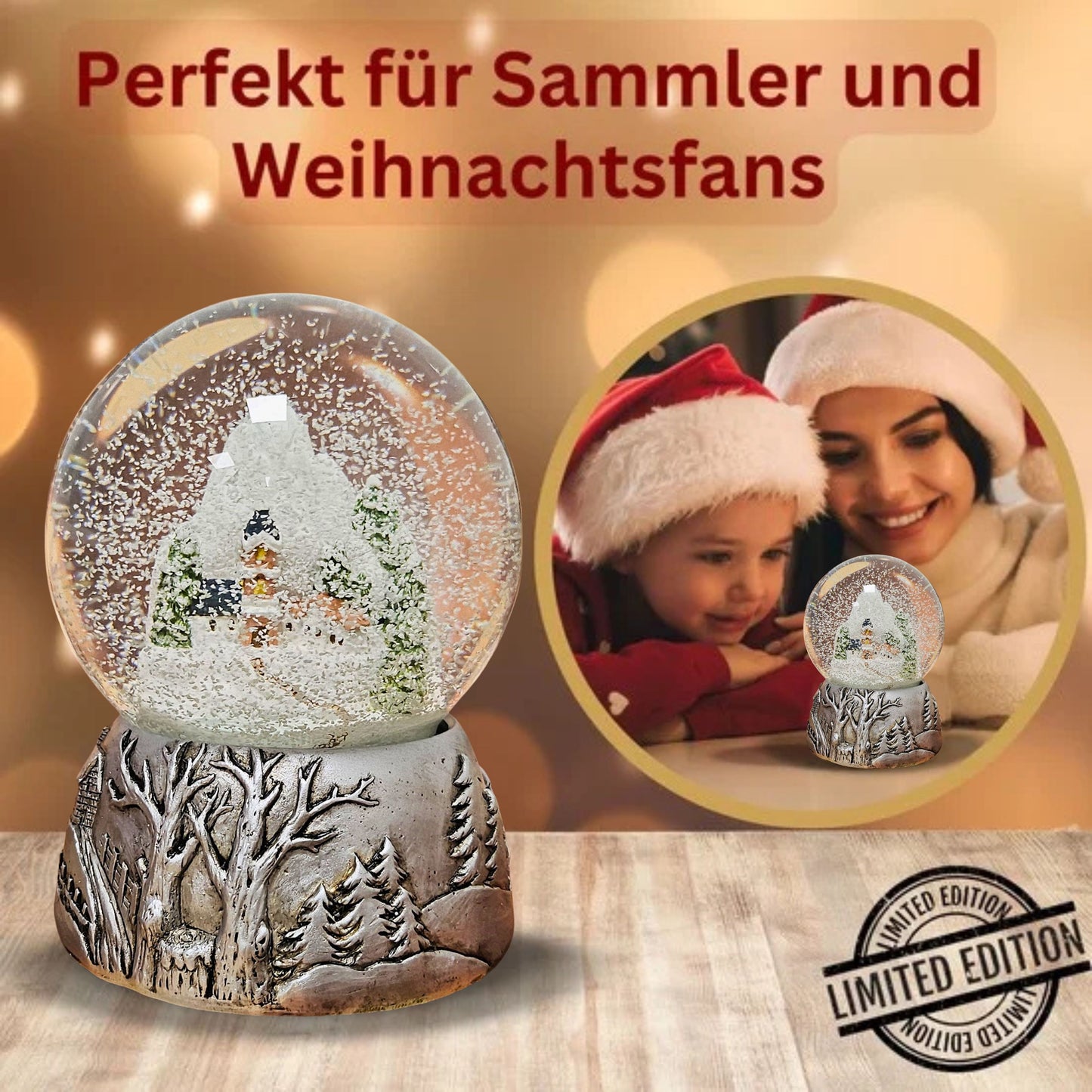 Nostalgische Schneekugel Bergdorf Silber Landschaft 100 mm Durchmesser mit Spieluhr