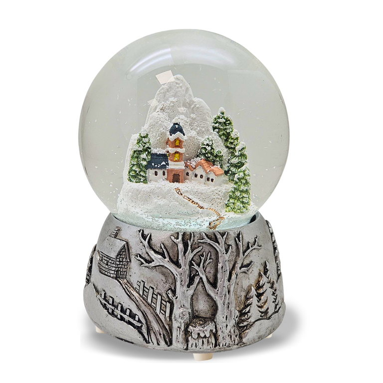 Nostalgische Schneekugel Bergdorf Silber Landschaft 100 mm Durchmesser mit Spieluhr