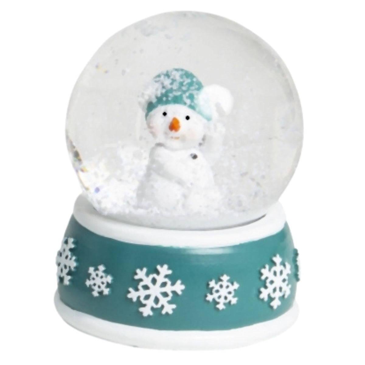 4 Schneekugeln Schneemann mit Sockel türkis weiß Schneeflocke B: 65mm - Schneekugelhaus