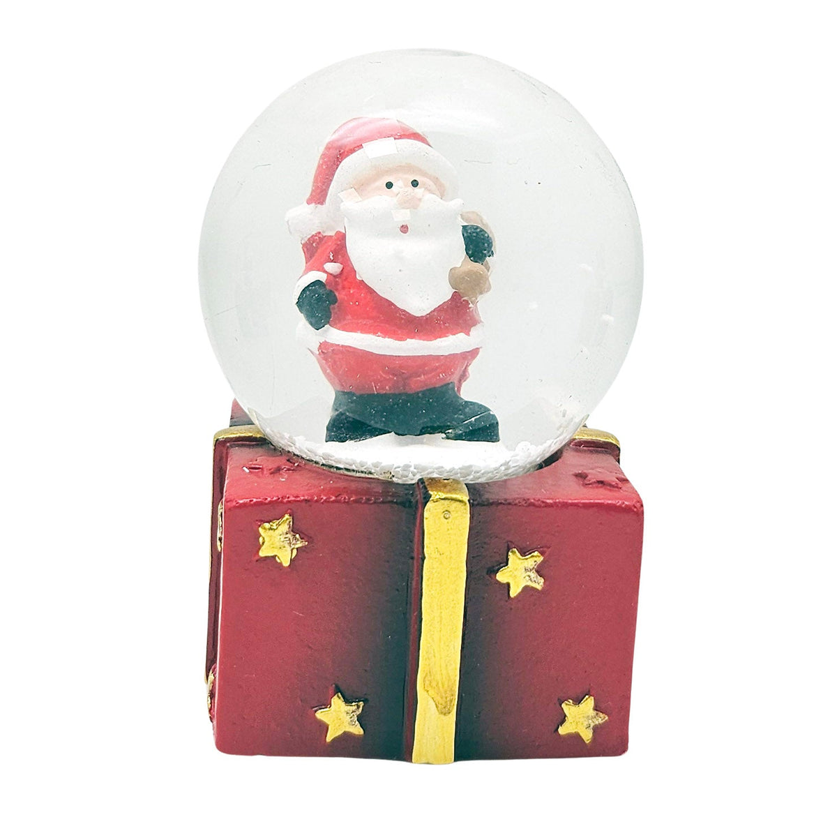 4 Süße Mini - Schneekugeln Weihnachtsmann auf Geschenke - Sockel 45mm Durchmesser - Schneekugelhaus