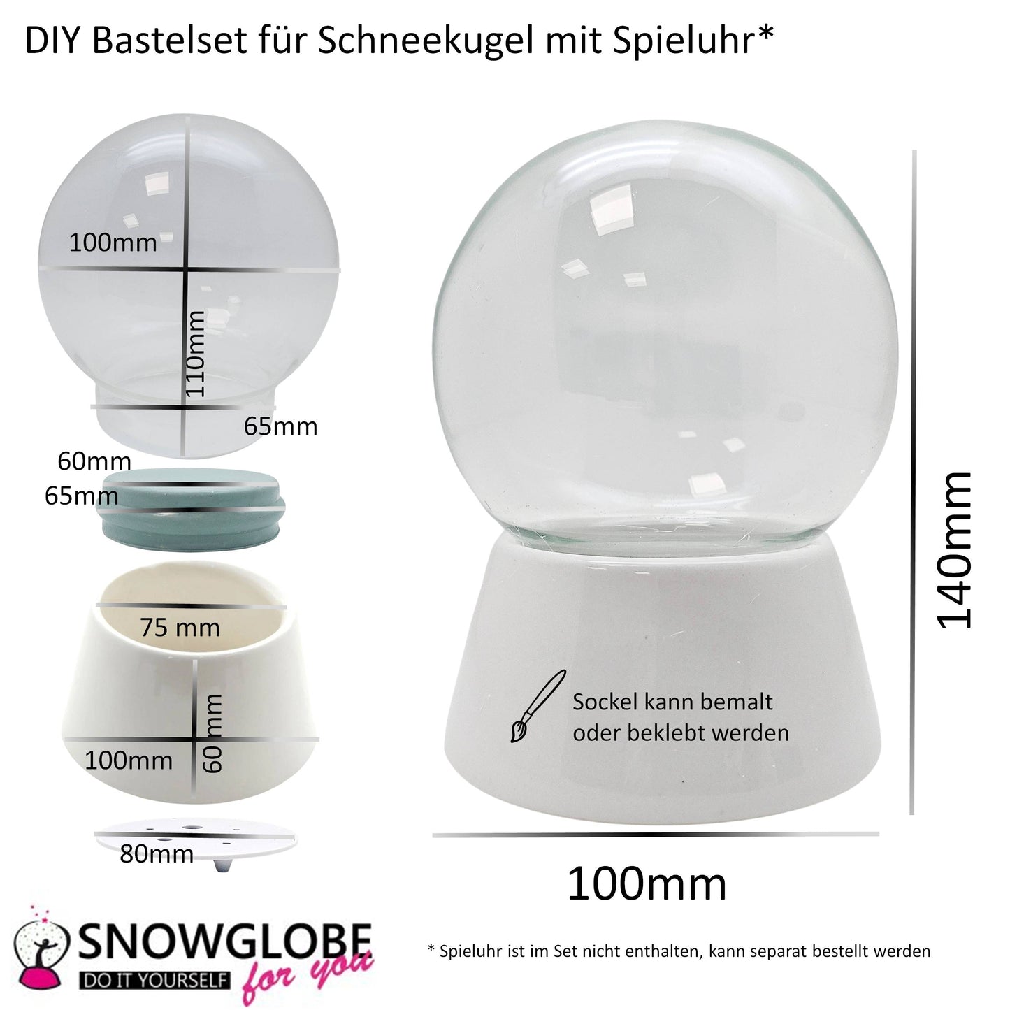 DIY-Komplett-Bastelset für Glas-Schneekugel 100x140mm mit Schnee, Glitzer, Wasserklar & Kleber