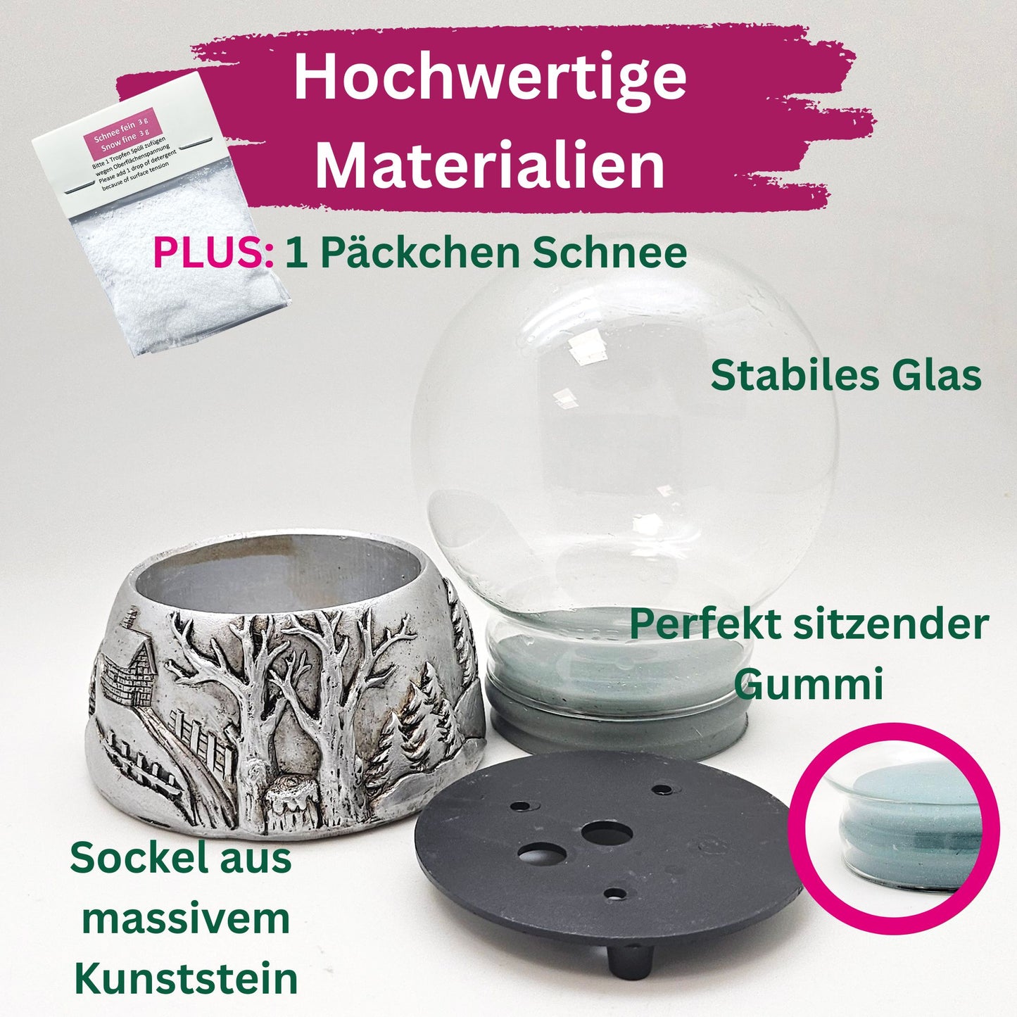 100mm Bastelset Sockel Silber antik Landschaft mit DIY-Schneekugel für Spieluhr - 1x Schnee